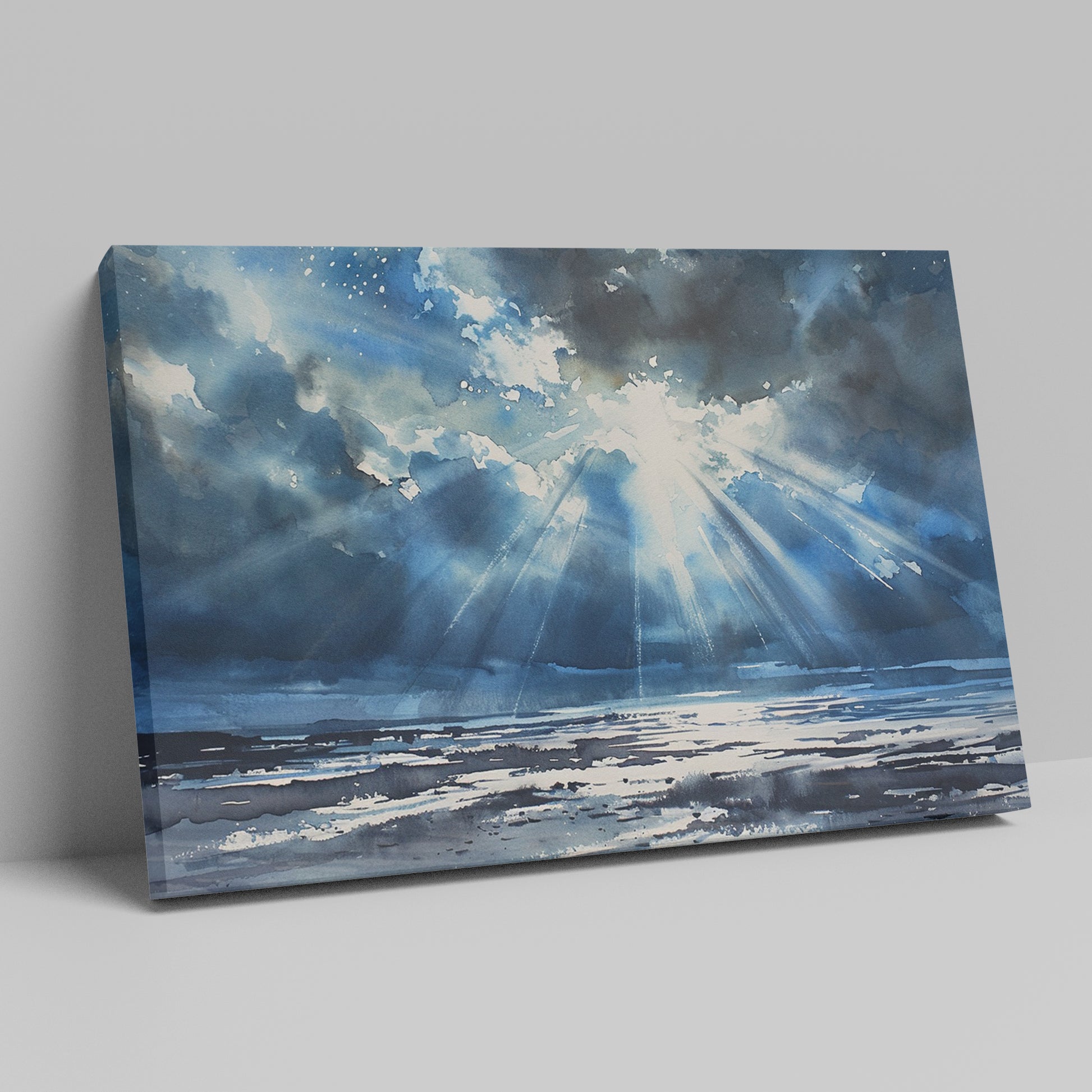 Watercolor canvas print of sunbeams shining through clouds onto the ocean