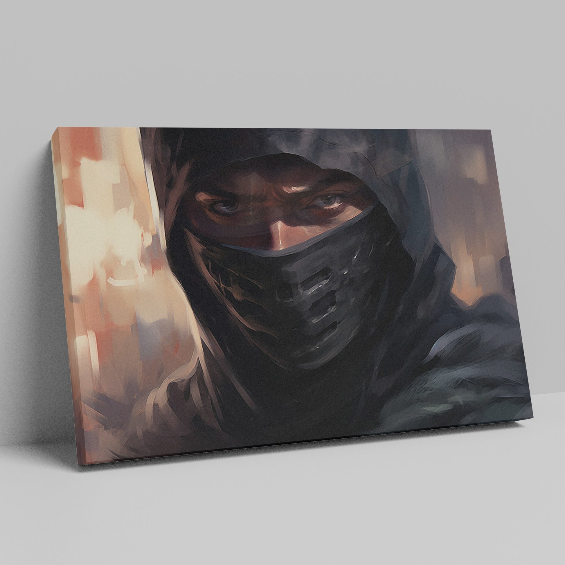 Framed canvas print of a mystic ninja warrior with an intense gaze and a shrouded dark veil.