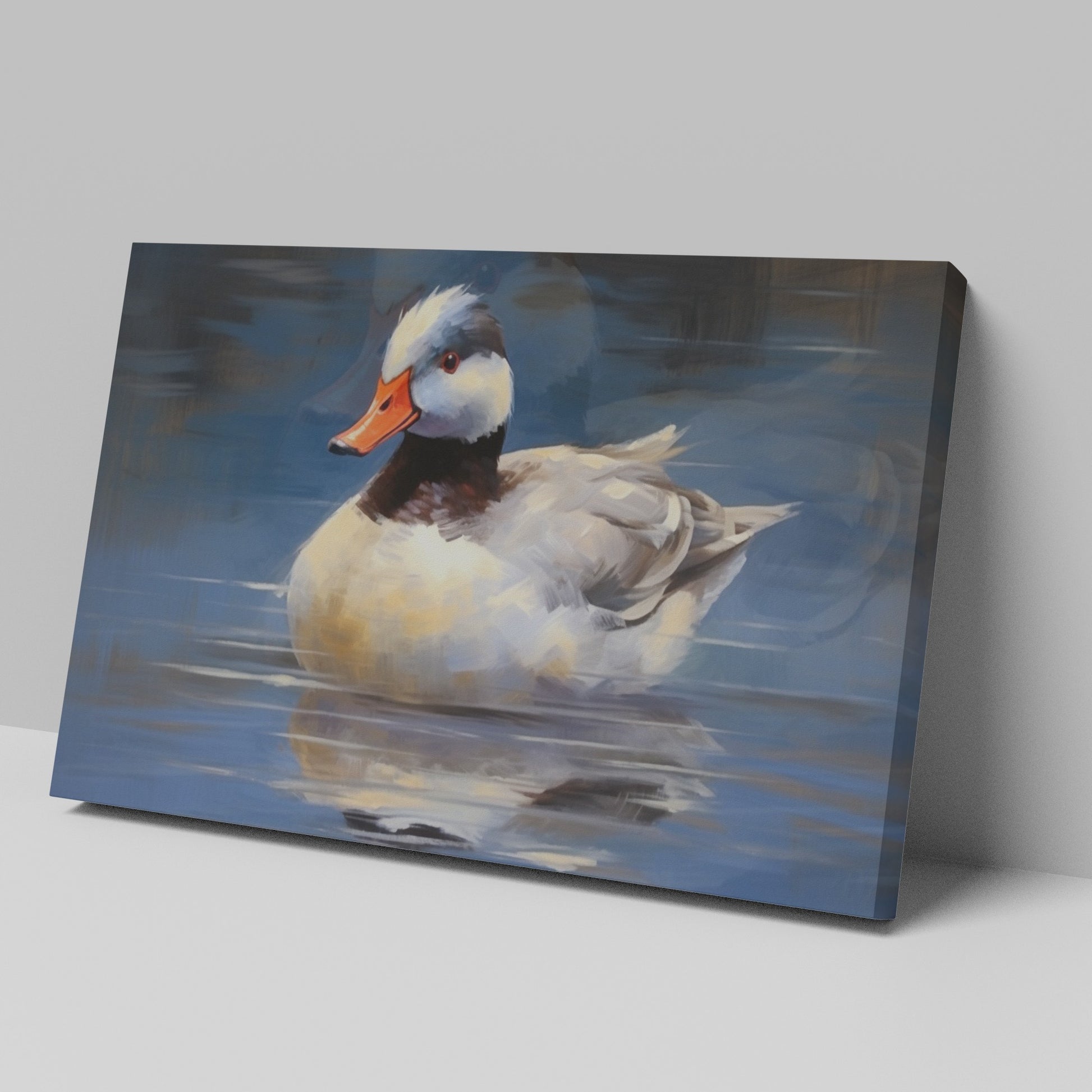 Framed canvas print of an impressionistic painting of a duck on water with blue tones