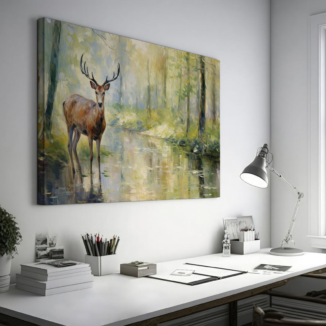 Framed canvas print of a deer standing beside a forest stream in impressionist style