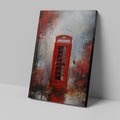 Framed canvas print of a London red telephone box with abstract splatter textures in shades of red, grey, and black