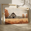 Framed canvas print of an autumnal rustic barn and golden fields