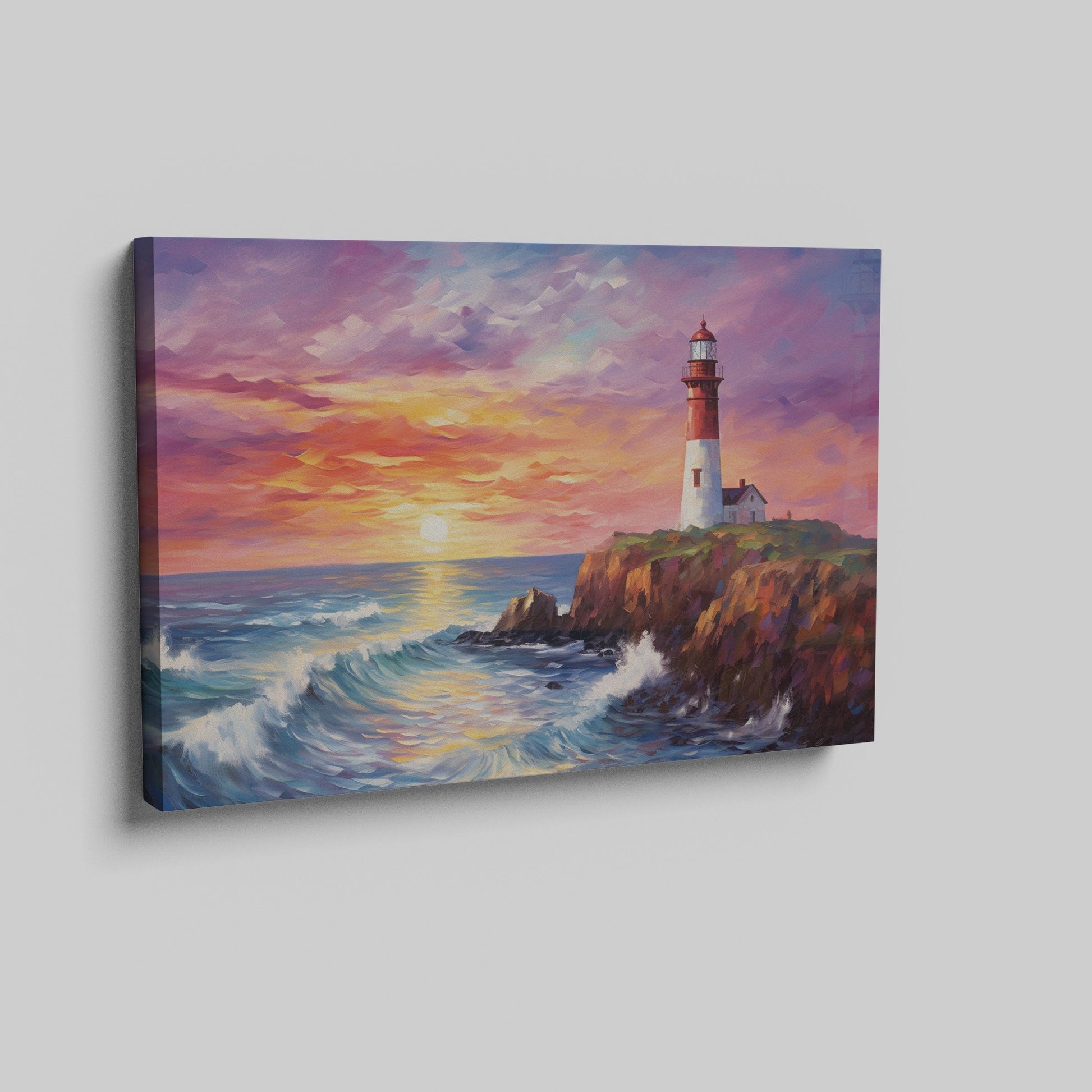 Impressionist painting of a lighthouse at sunset with vibrant red and blue tones and dynamic waves