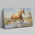 Framed canvas print of a vibrant horse wading in water with sunlit pasture and reflection