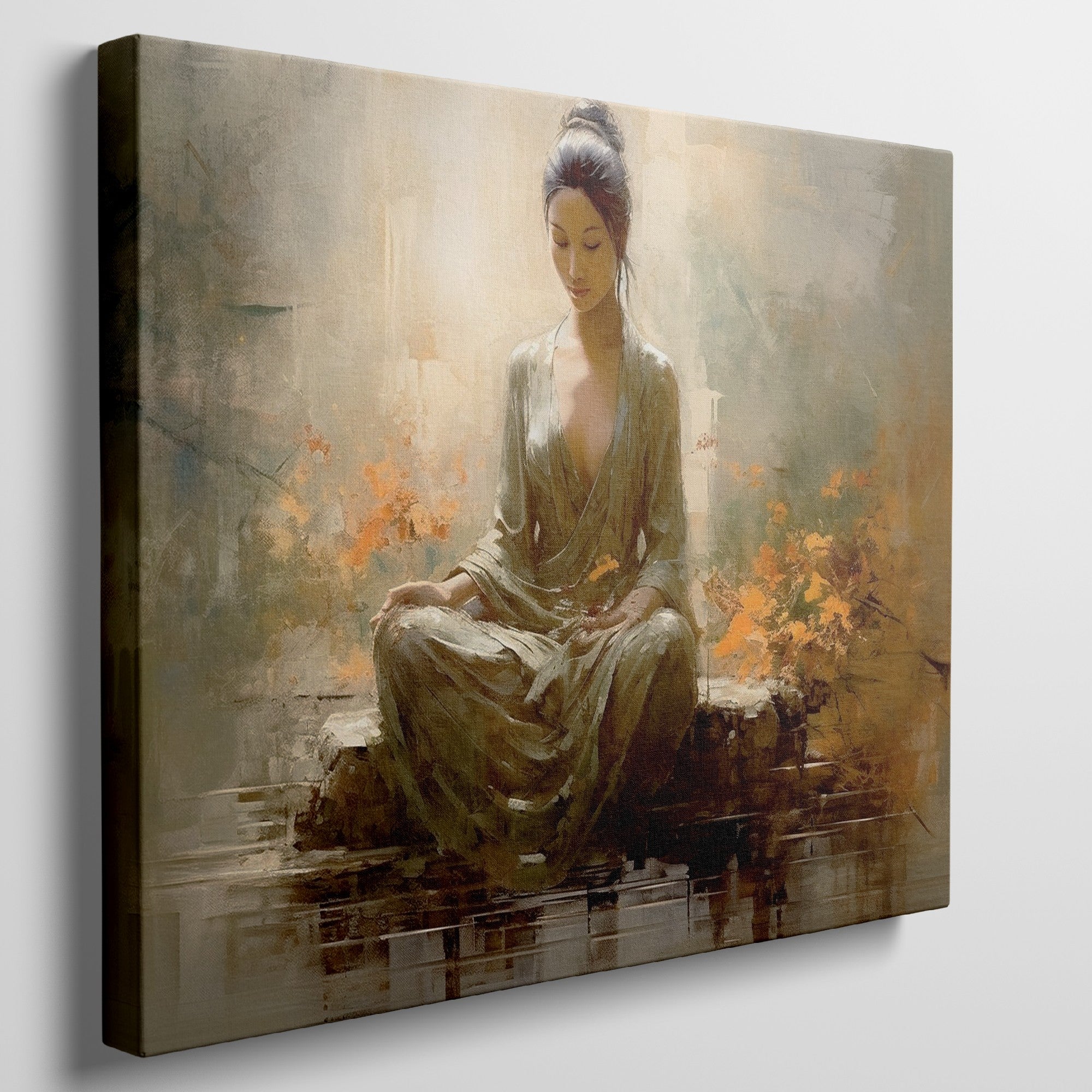 Framed canvas print of a meditative woman in peaceful surroundings with warm, autumnal colors