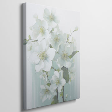 Framed canvas print of delicate white blossoms with a pastel background