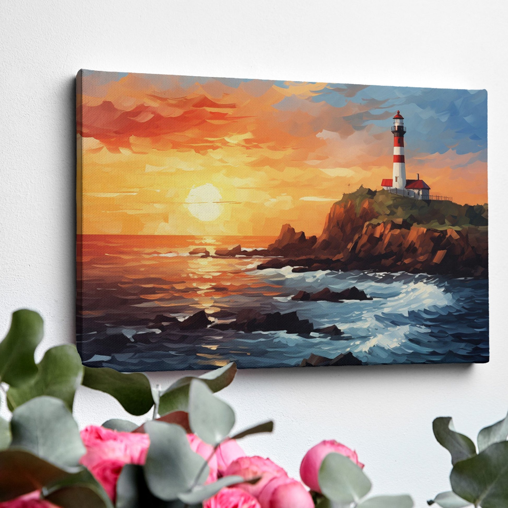 Framed canvas print of a sunset seascape with a lighthouse on a cliff