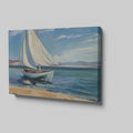 Framed canvas print of a serene sailboat seascape with vivid blue ocean and sky