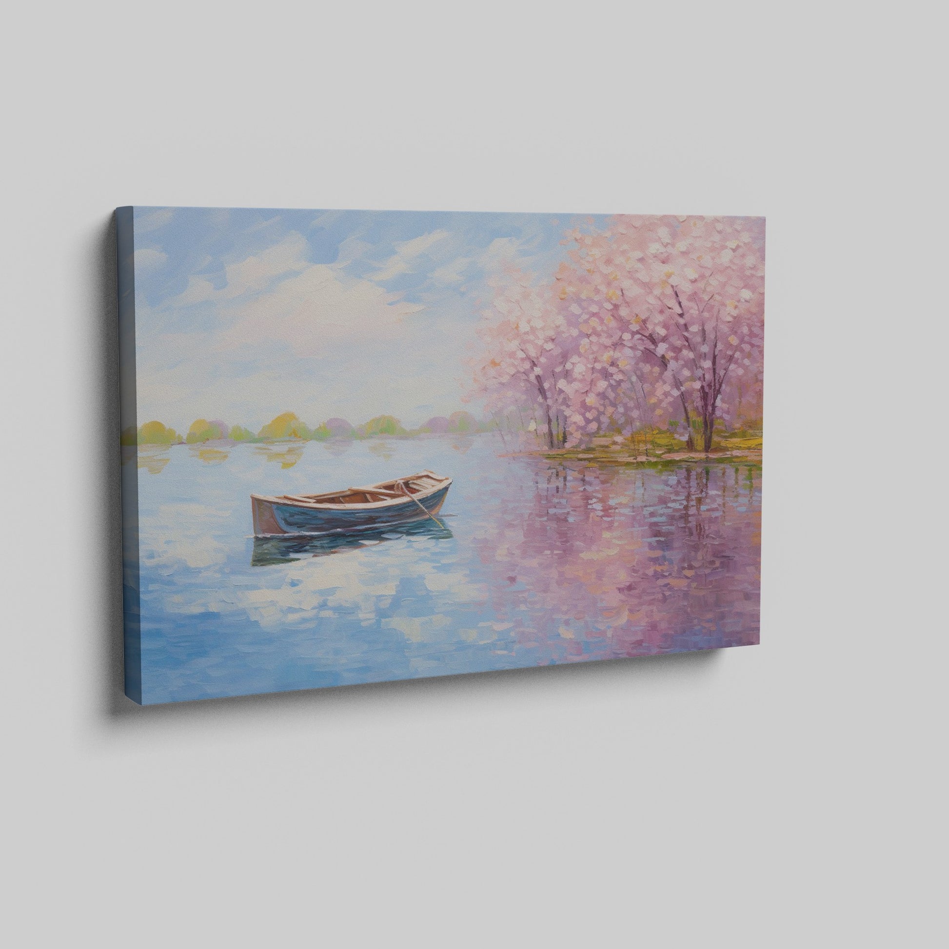 Framed canvas print of an impressionist painting featuring cherry blossoms and a serene lake with a boat