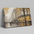 Framed canvas print of a Parisian streetscape with autumn leaves and rain