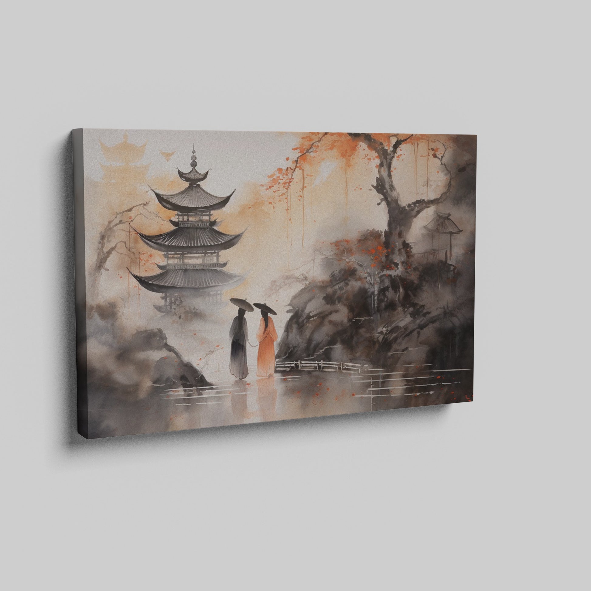 Framed canvas print of traditional Oriental scene with pagodas, cherry blossoms, and ink wash painting style