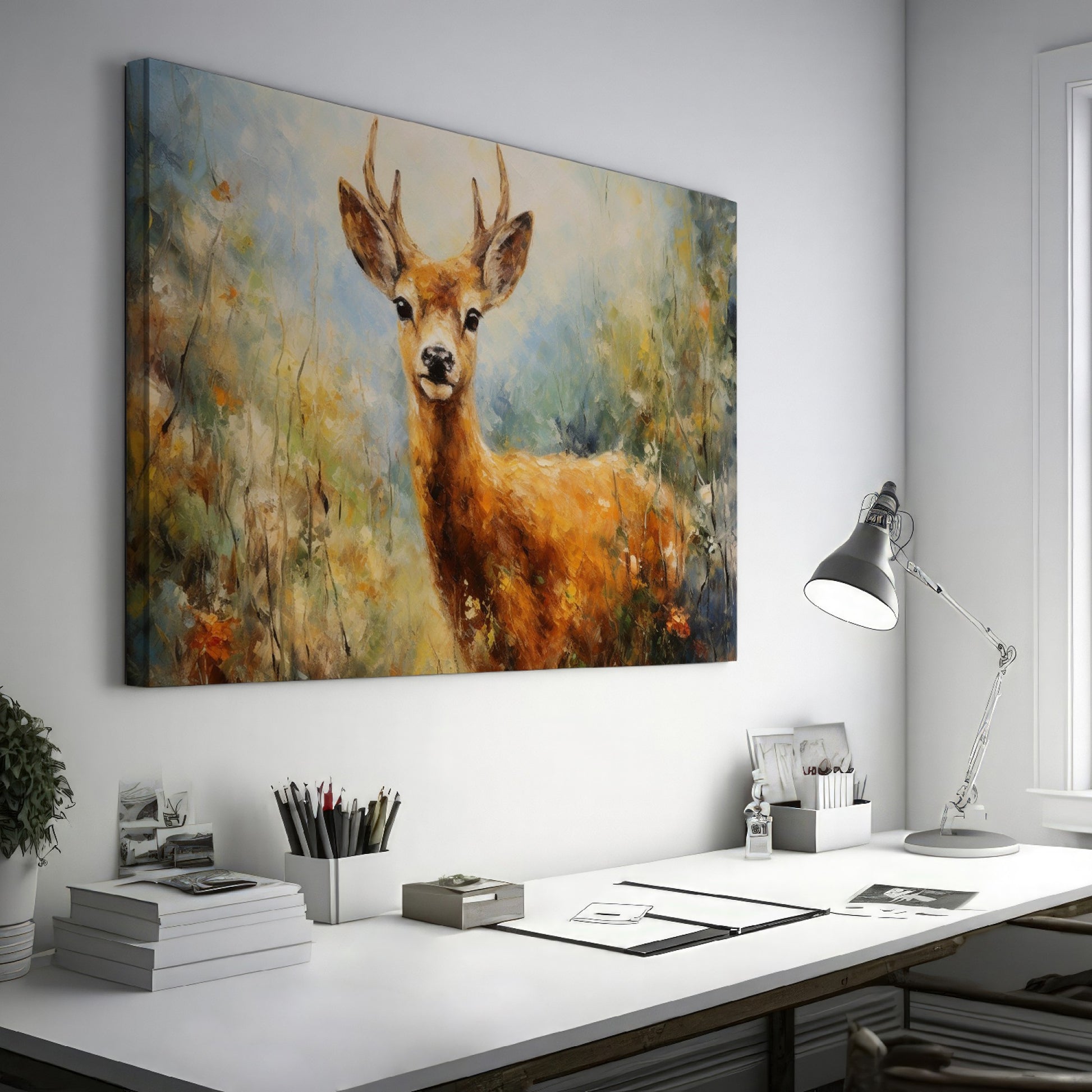 Framed canvas print of an impressionist painting of a deer with autumn colours