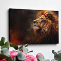 Framed canvas print of a realistic lion portrait with fiery mane