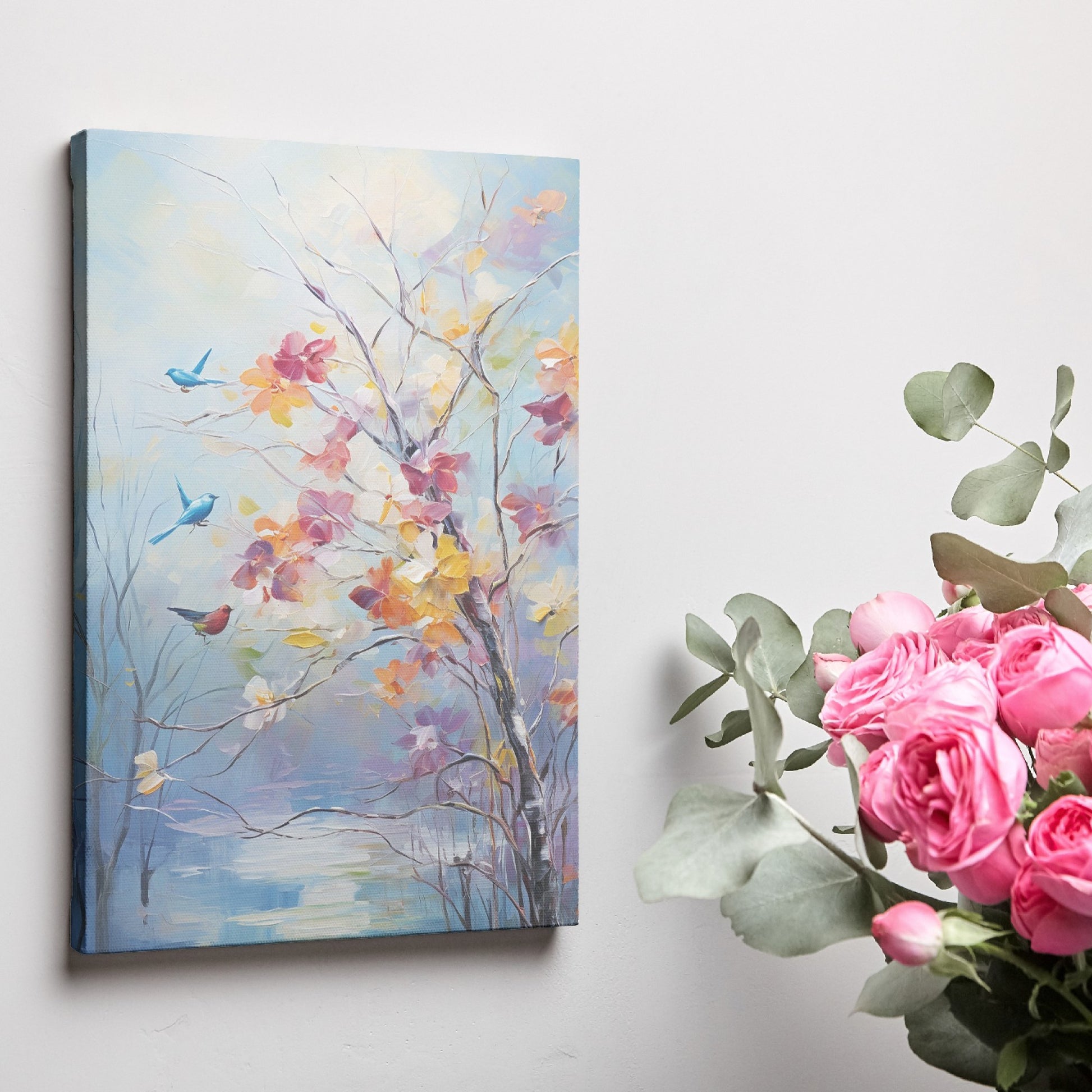 Framed canvas print of an impressionist painting with colourful birds and flowers by a lake