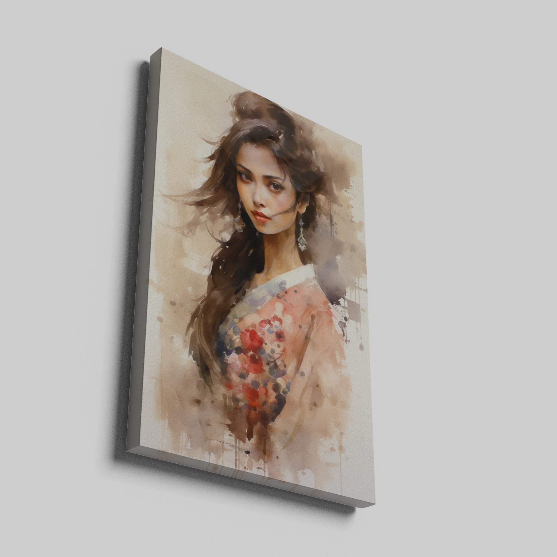 Framed canvas print of an elegant woman in a watercolour style, with a warm palette and floral kimono