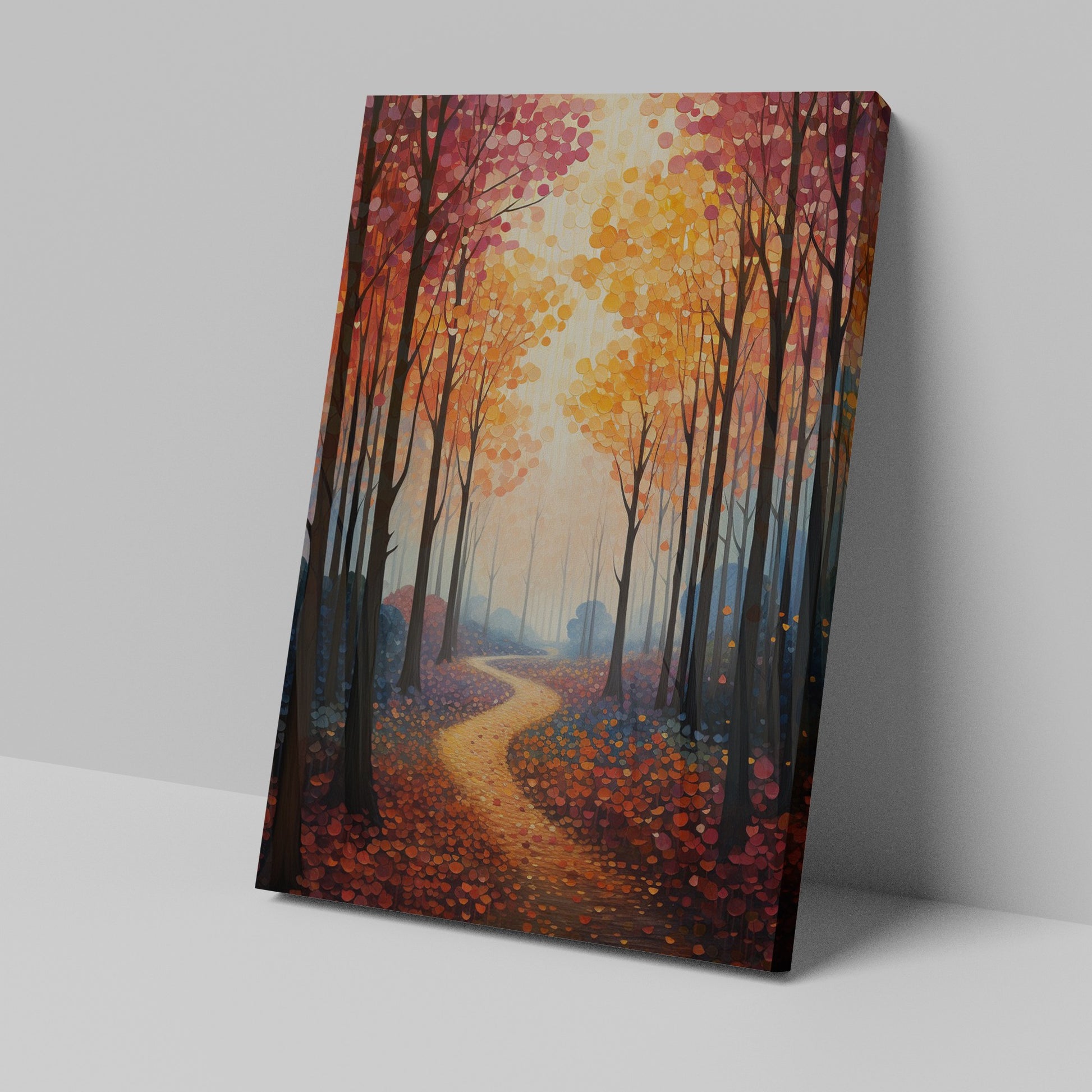 Framed canvas print of a stylised forest with colourful autumn foliage and a winding pathway