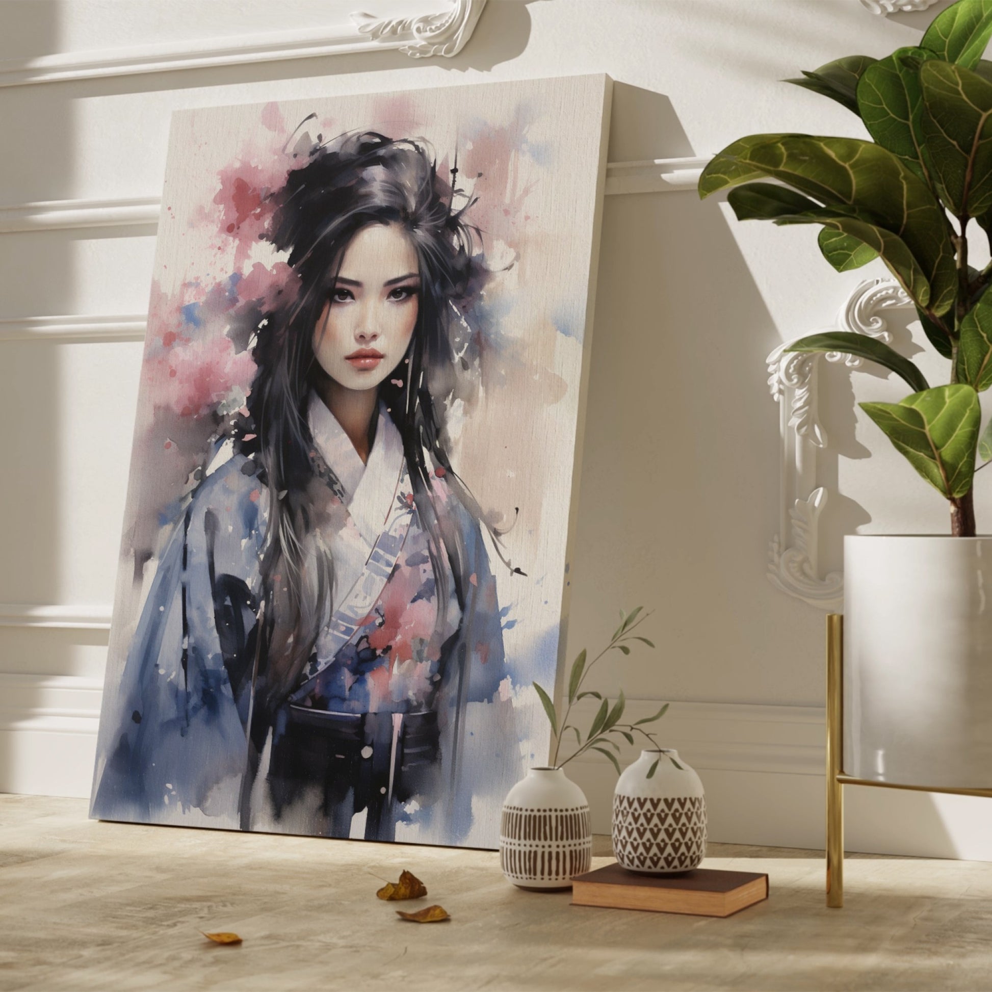 Watercolour portrait of a woman with abstract floral elements in blue and pink tones.