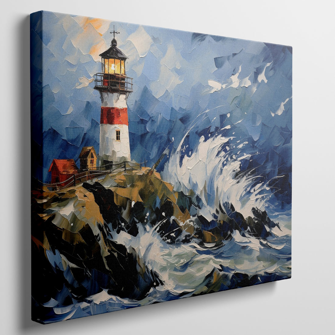 Expressionist style painting of a lighthouse with stormy sea waves in blue and white