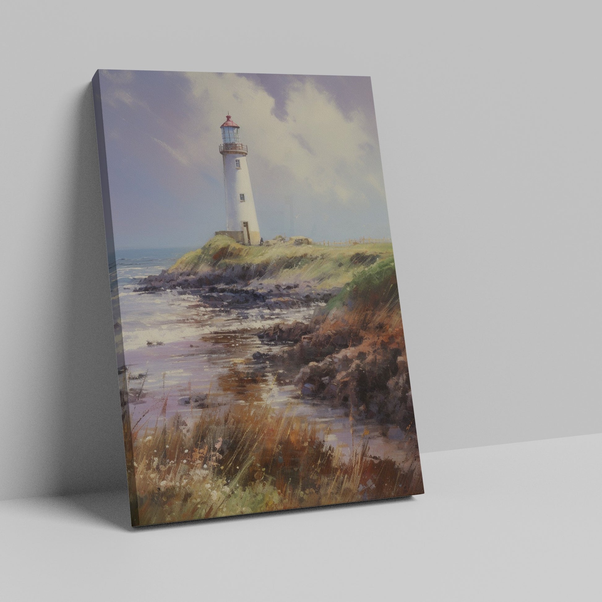 Framed canvas print of a tranquil coastal scene with a lighthouse on a sunny day