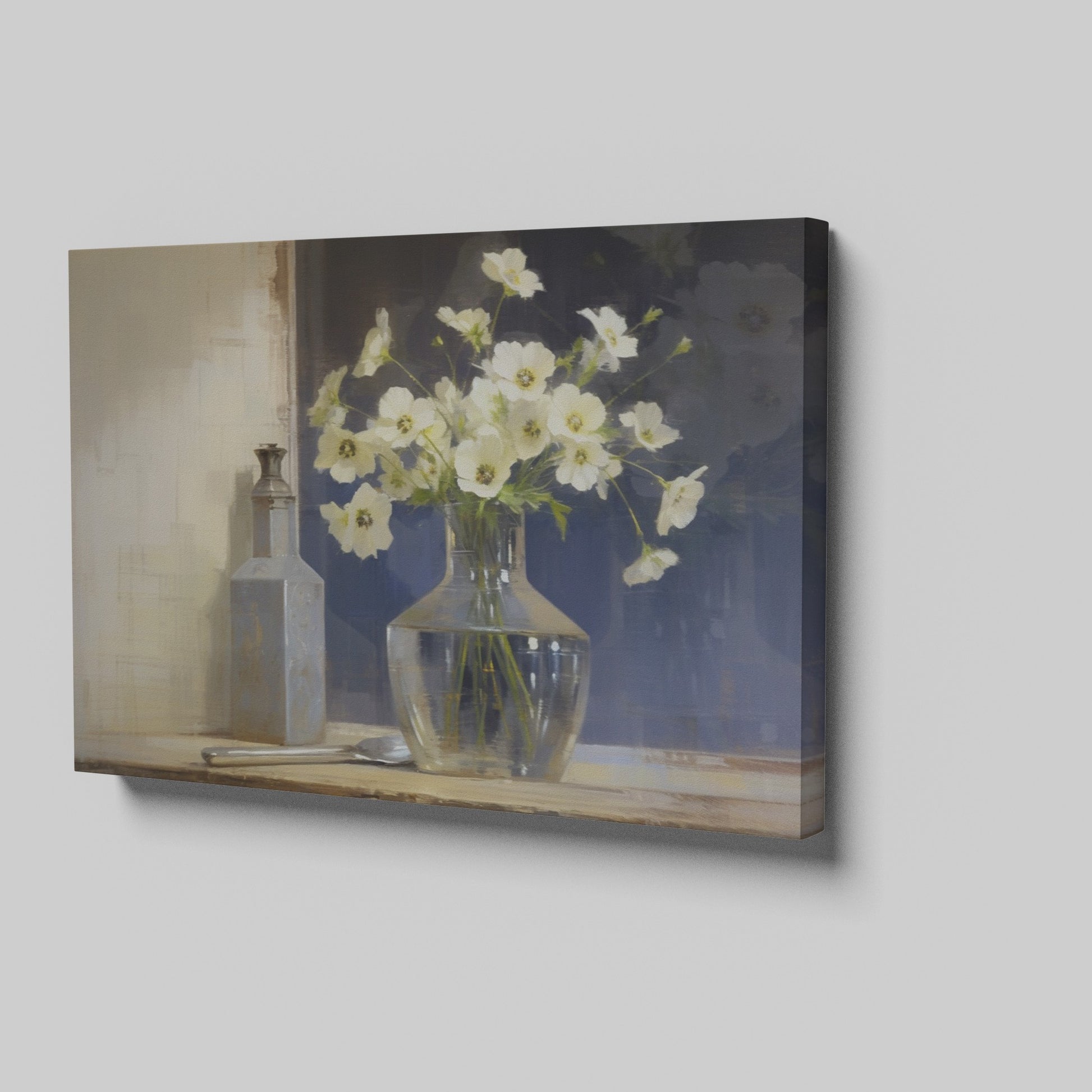 Framed canvas print of white flowers in glass vase with vintage bottle on a neutral background