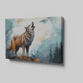 Framed canvas print of a wolf howling in an abstract forest setting