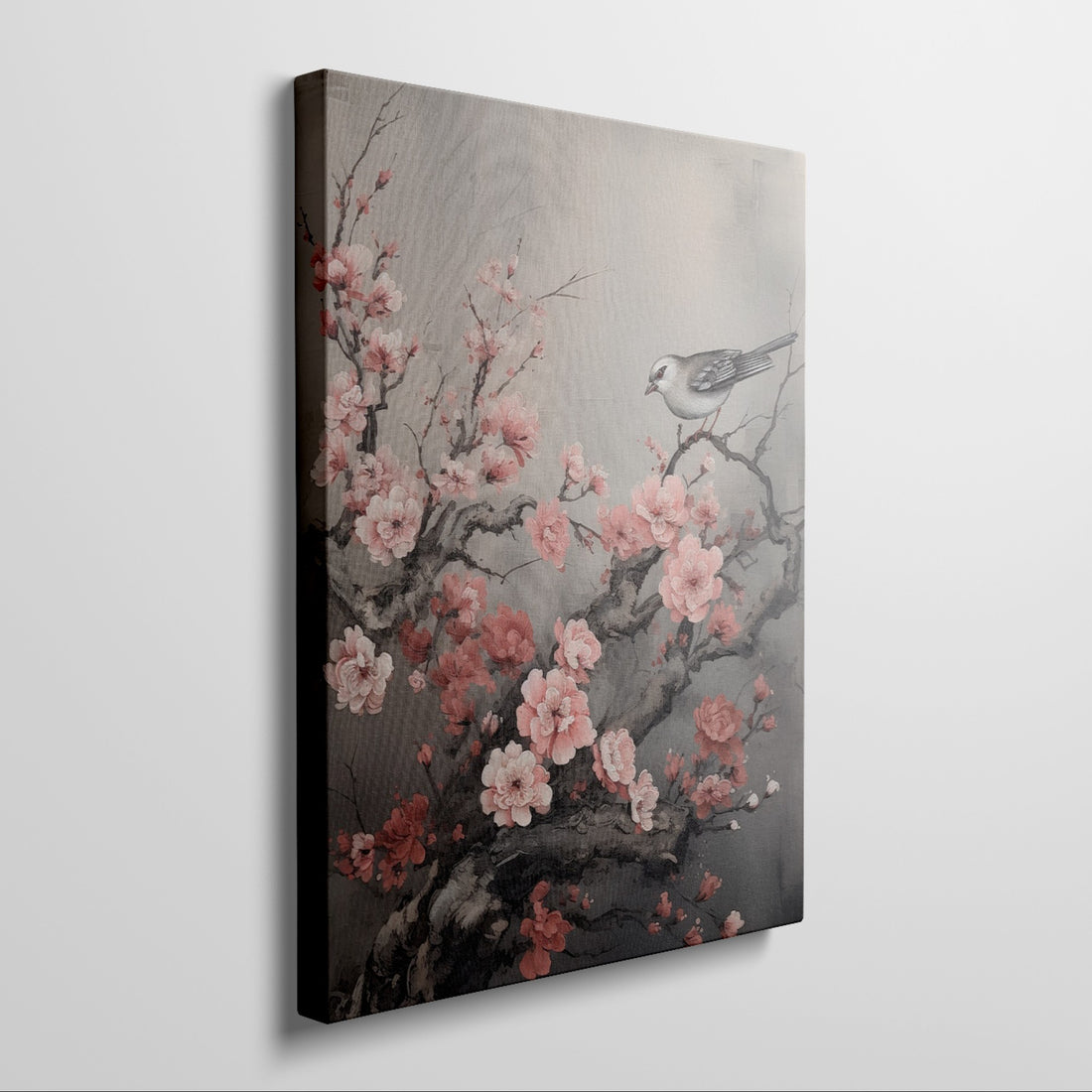 Canvas art of a cherry blossom branch with pink flowers and a small bird, on a gray background