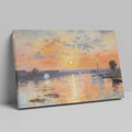 Framed canvas print of impressionist river landscape at sunset with vibrant orange and blue hues