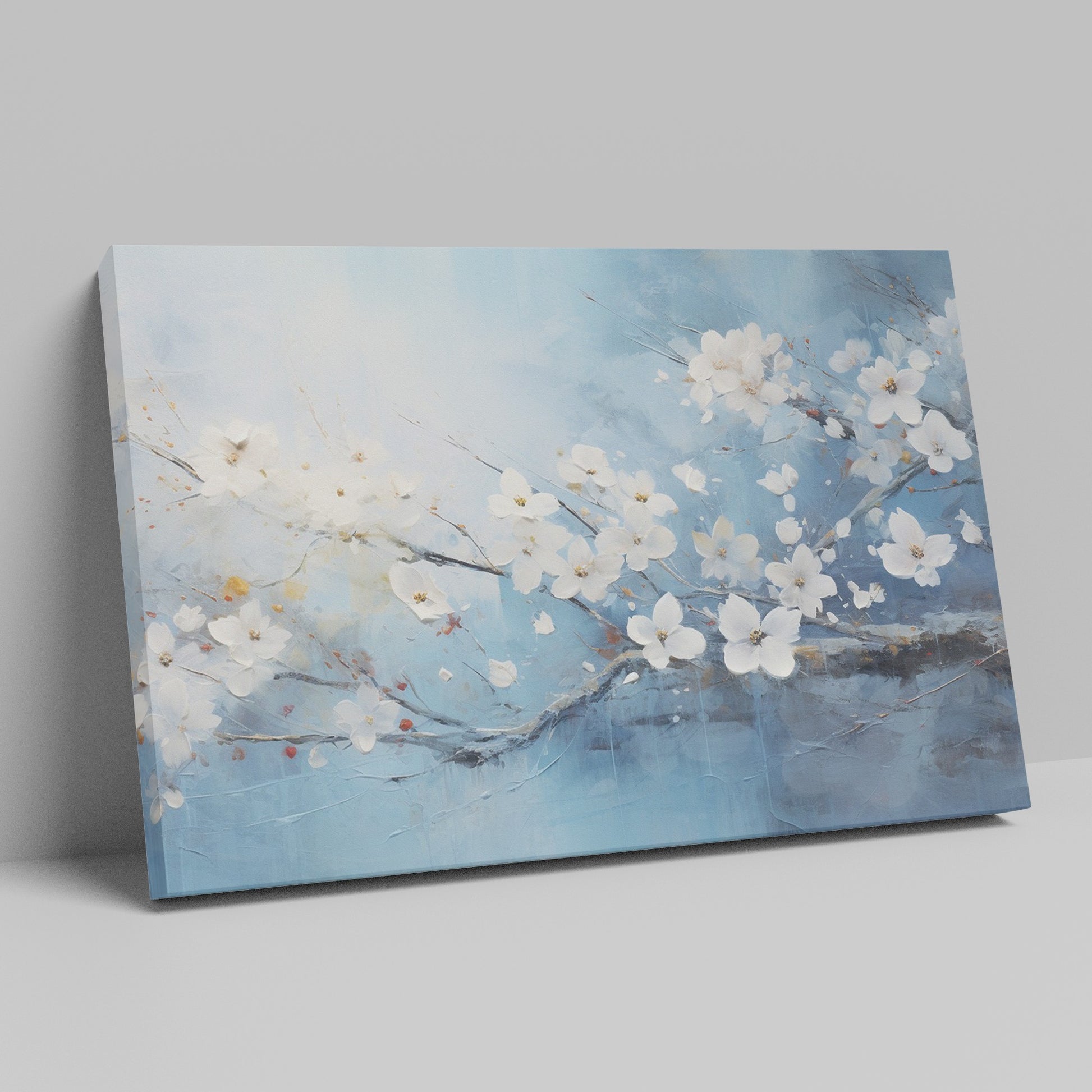 Framed canvas print of elegant white blossoms on a serene blue background with impasto textures