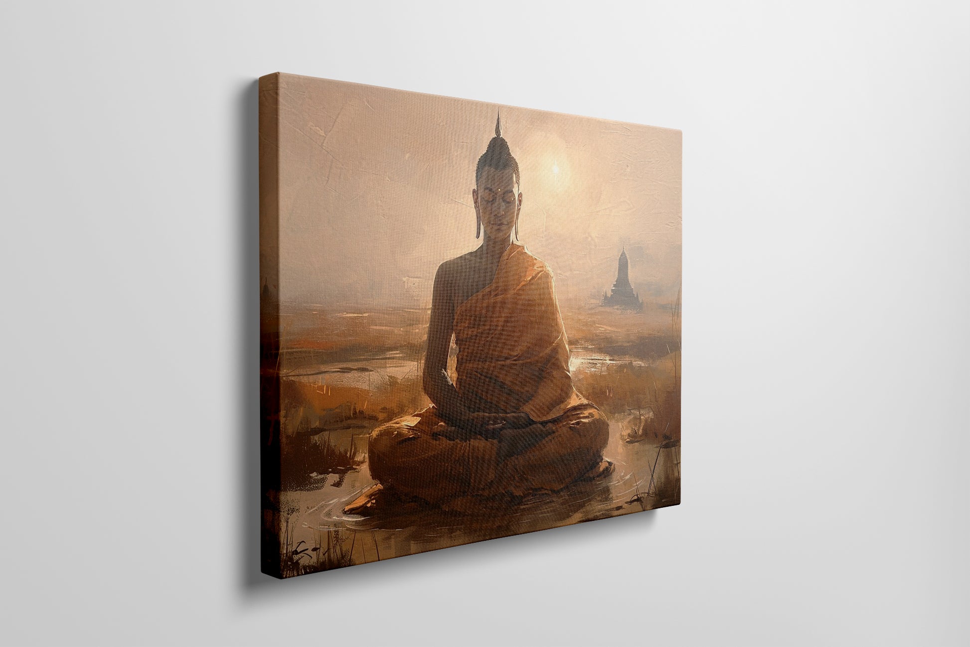 Framed canvas print of a serene meditating Buddha in golden sunset hues with temple silhouette