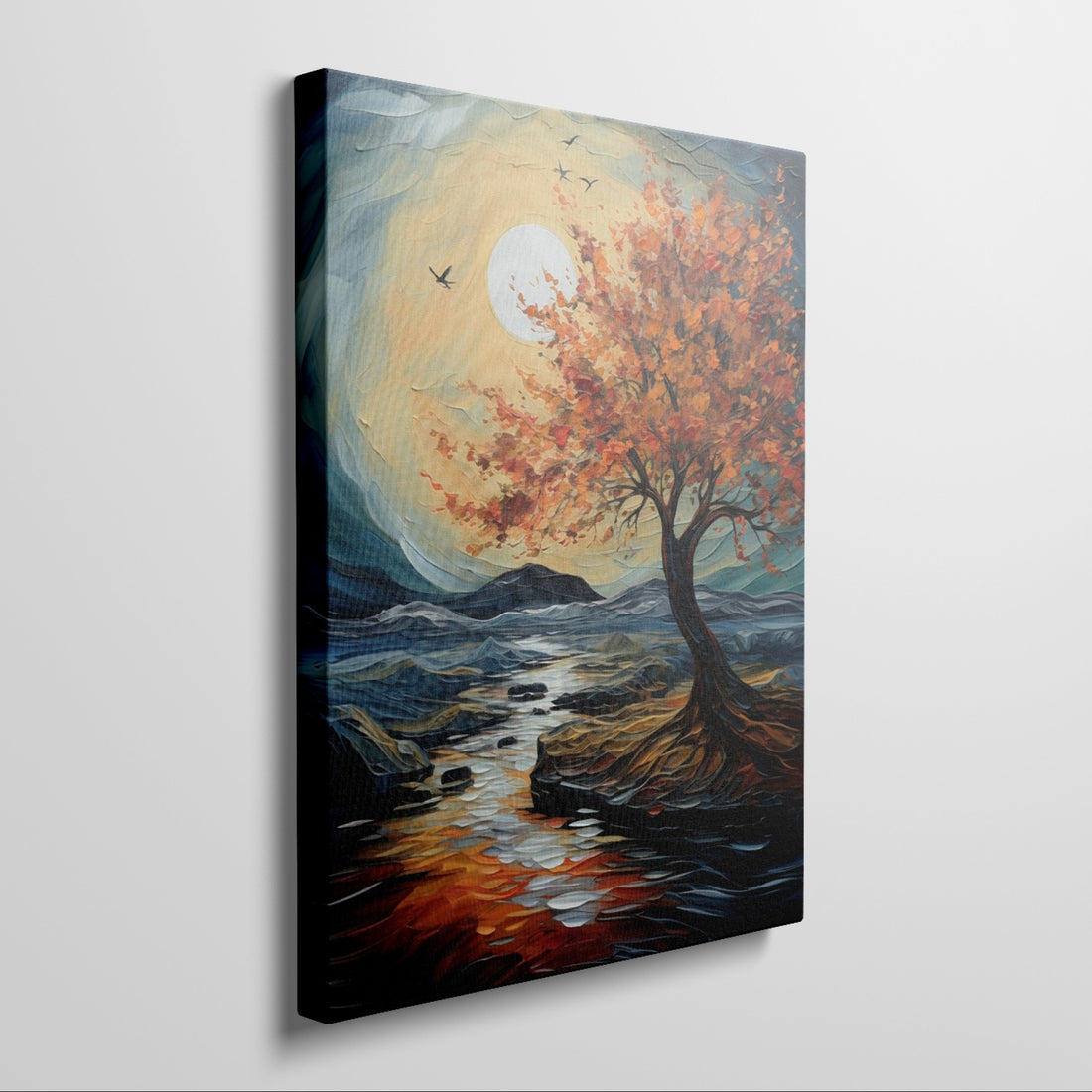 Framed canvas print of an autumnal tree with orange and red leaves against a sunset over a blue seascape