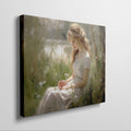 Framed canvas print of an elegant woman in a serene, sunlit meadow