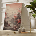 Framed canvas print of Oriental landscape with cherry blossoms and misty mountains