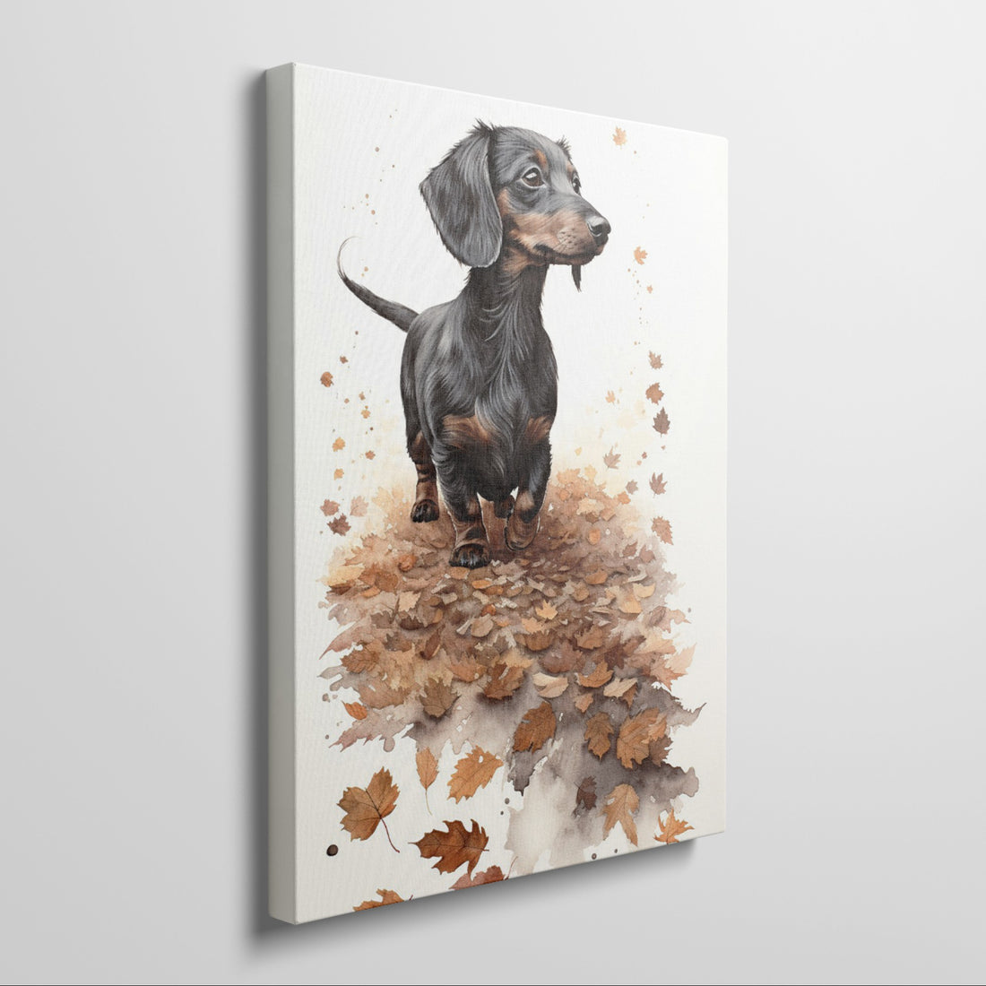 Framed canvas print of a realistic Dachshund standing amidst autumn leaves in warm brown and amber tones