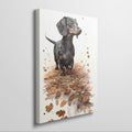 Framed canvas print of a realistic Dachshund standing amidst autumn leaves in warm brown and amber tones