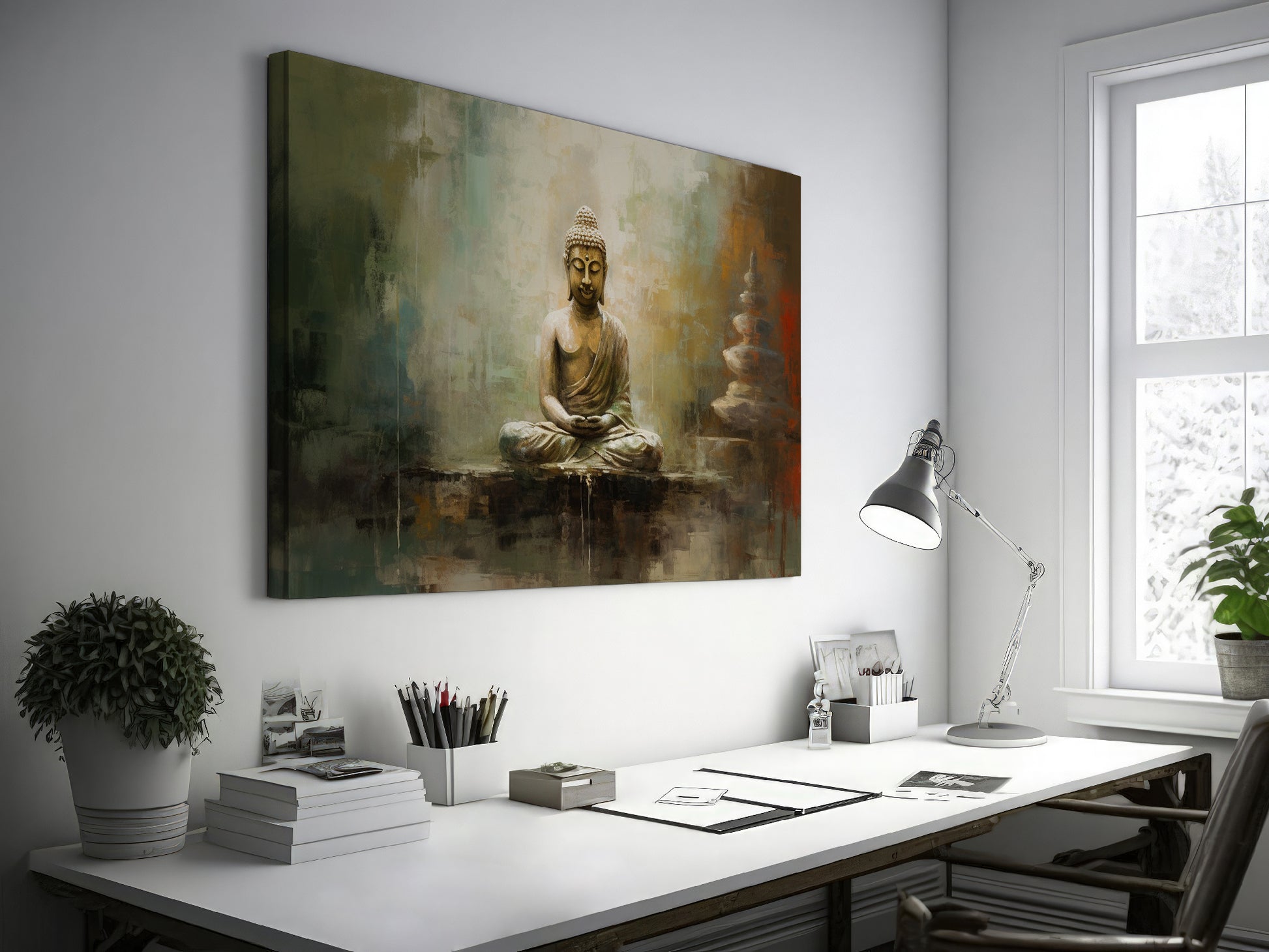 Framed canvas print of a serene Buddha with a gentle colour palette and textured finish