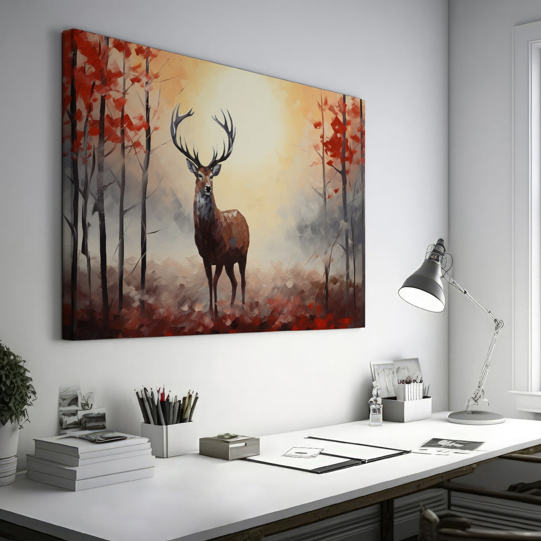 Framed canvas print of a majestic stag in an autumnal forest with warm tones