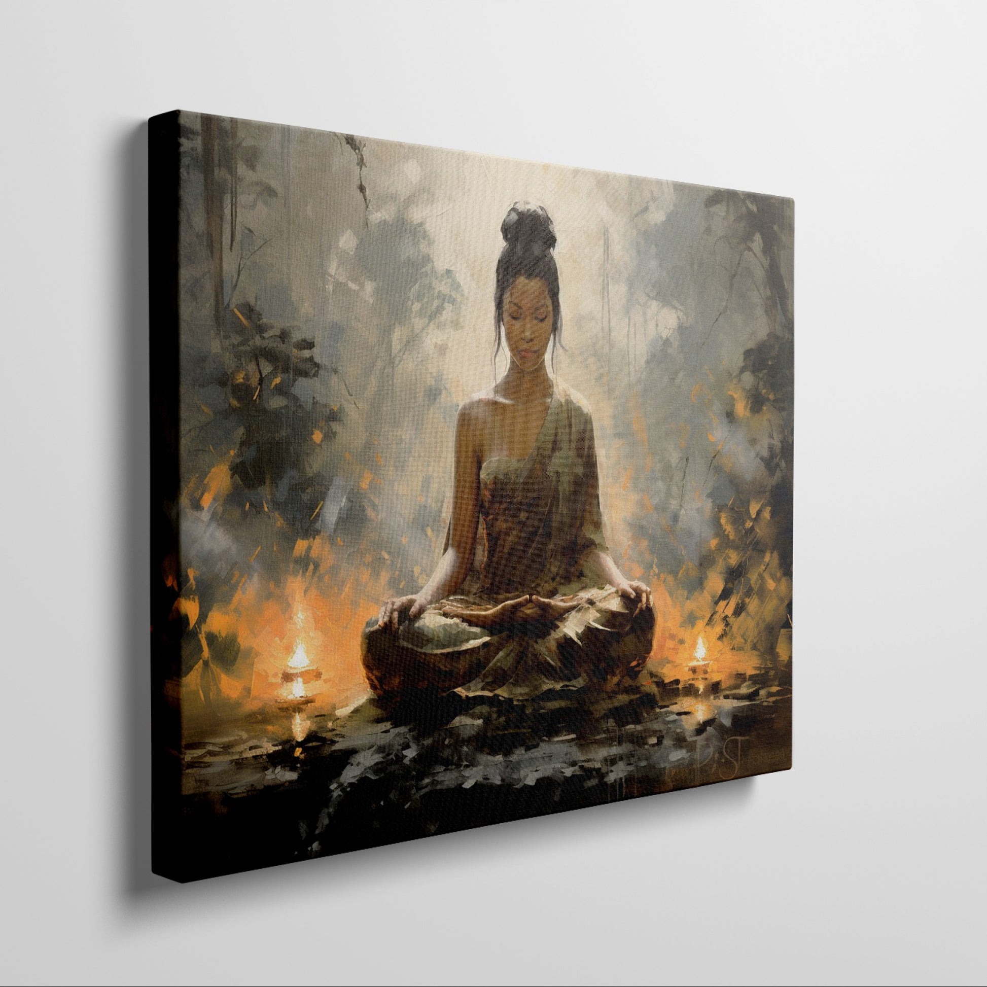 Framed canvas print of serene woman in meditation with warm, golden hues