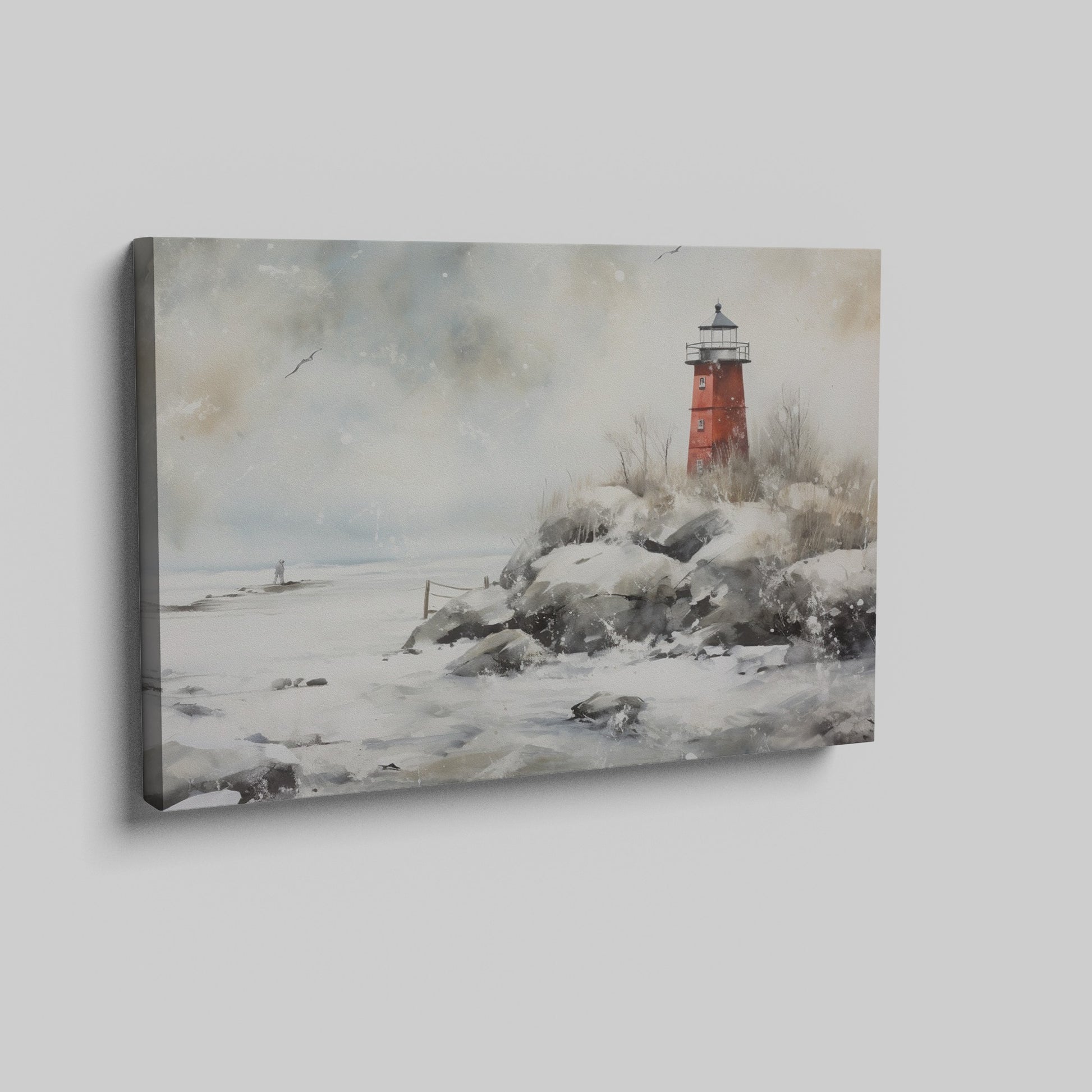 A red lighthouse on a snowy coastline with a figure at a distance and seagulls in the wintry sky.