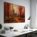 Framed canvas print of a traditional autumn forest landscape with a country house and warm red and brown tones