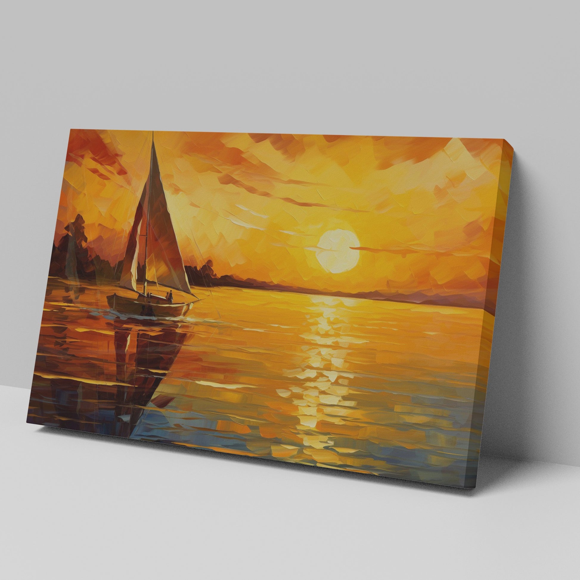 Framed canvas print of an impressionist sailboat against a vivid sunset