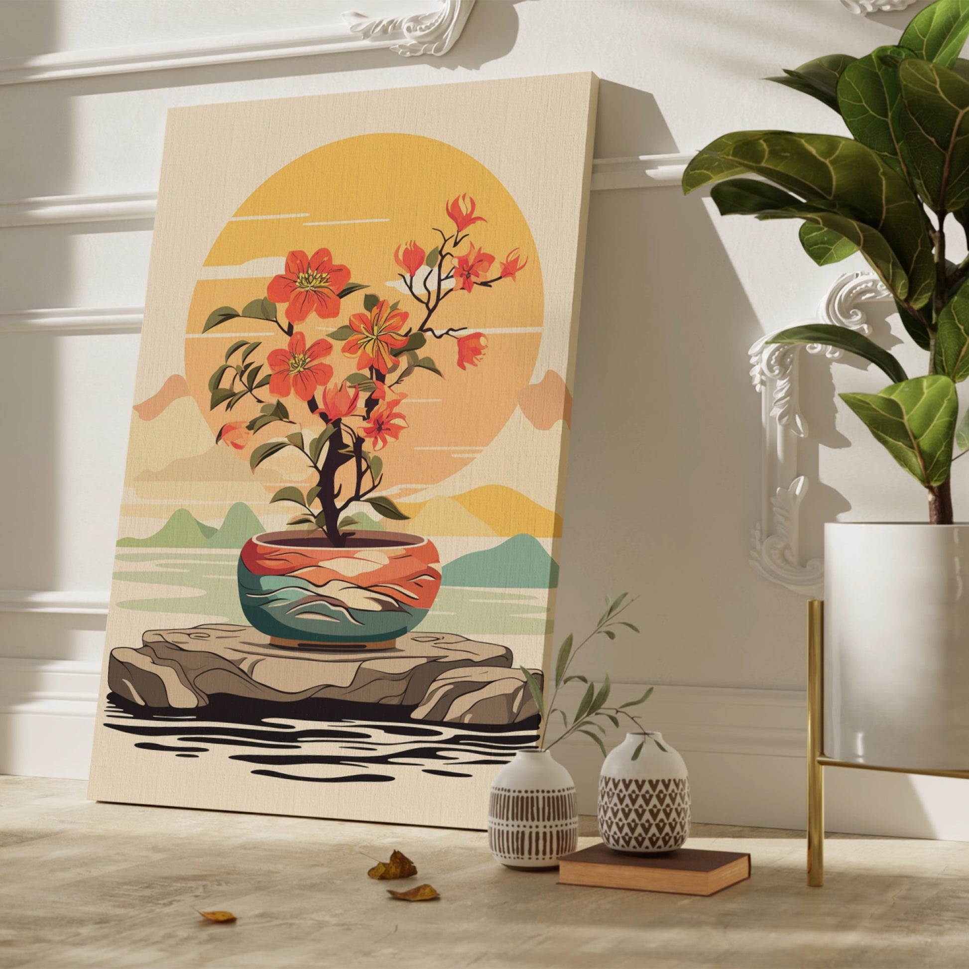 Stylized illustration of an orange bonsai tree in a colorful pot with a sunset and mountains in the background