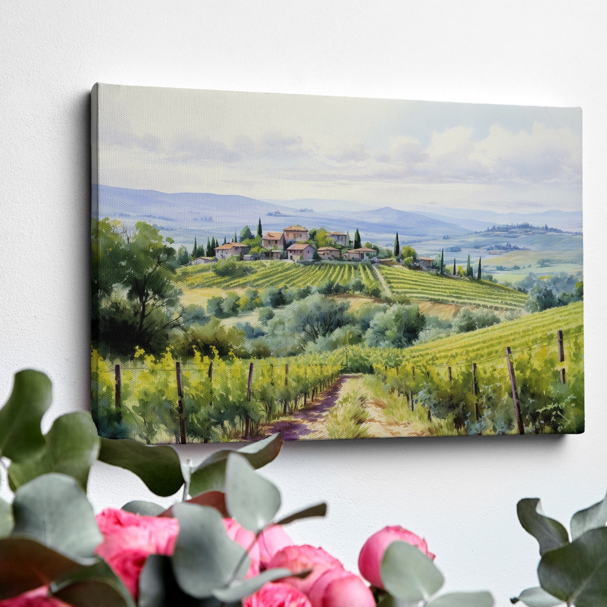 Framed canvas print of a Tuscan countryside panorama with a vineyard and rolling hills in watercolor style