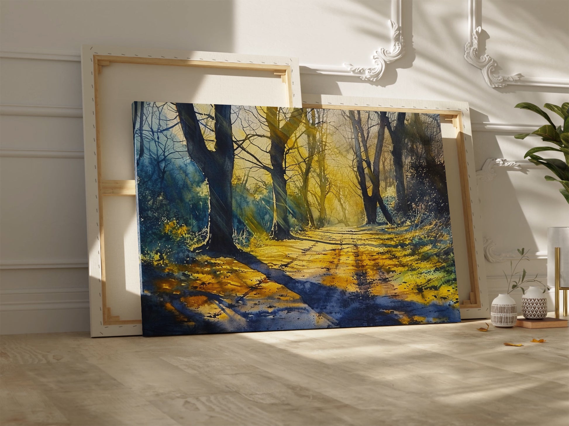 Framed canvas print of a sunlit path through a misty forest in watercolour with vibrant yellow and cool blue tones