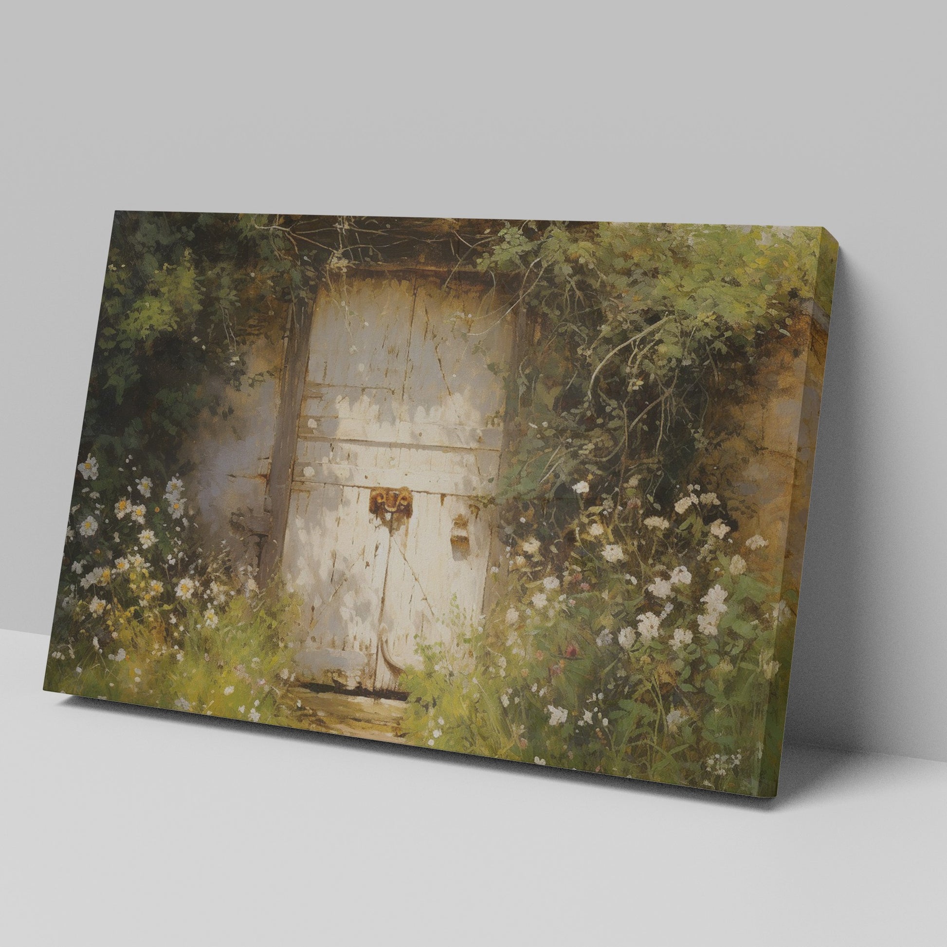 Framed canvas print of a rustic wooden door surrounded by an overgrown floral garden