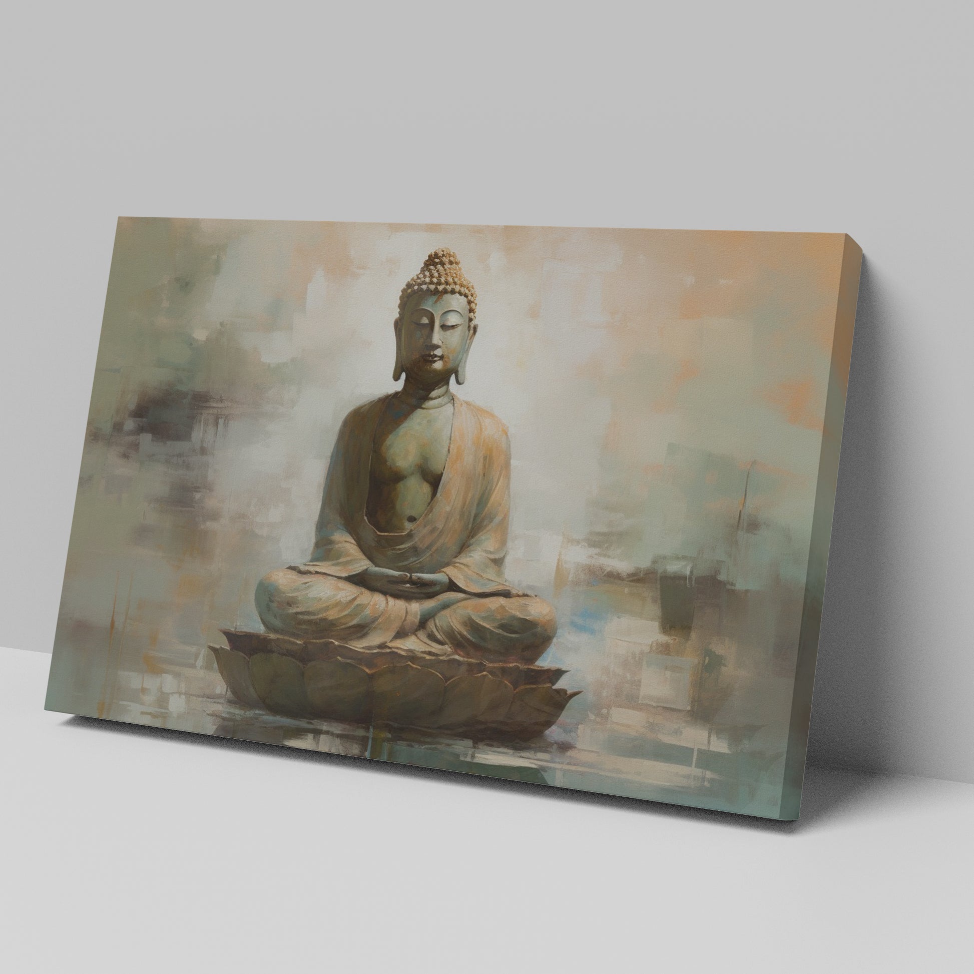 Framed canvas print of a serene Buddha on a lotus throne with an abstract background