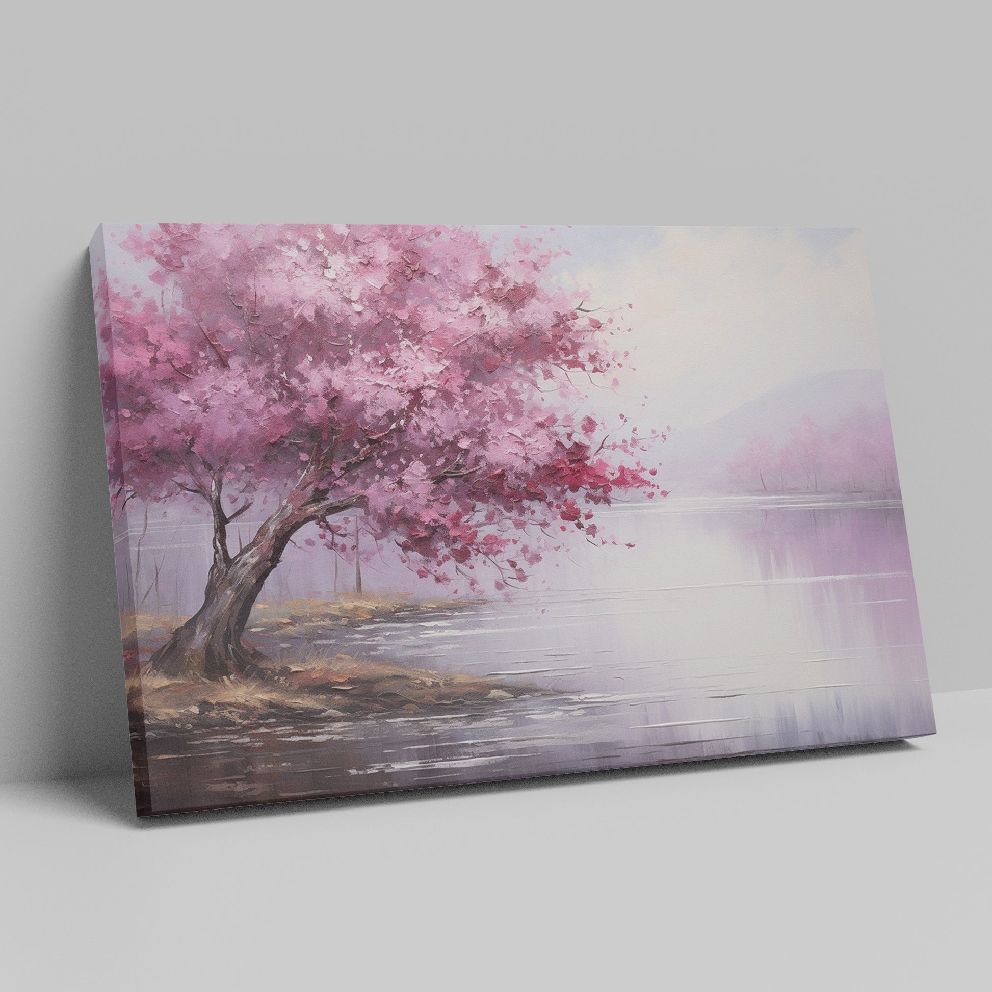 Framed canvas print of an impressionistic cherry blossom tree by a tranquil lake with soft pastel colors