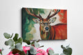 Framed canvas print of an impressionist stag portrait with vibrant red and green tones