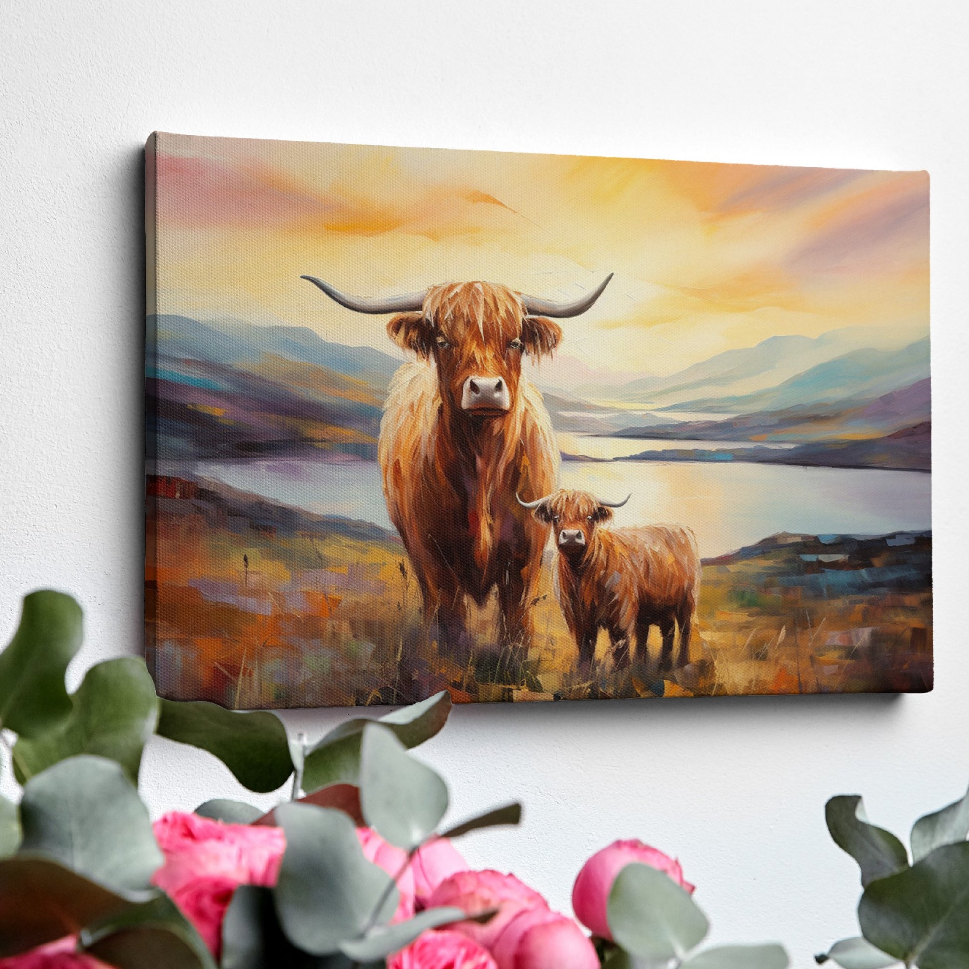 Framed canvas print of Highland cattle in a scenic landscape at sunset with warm hues