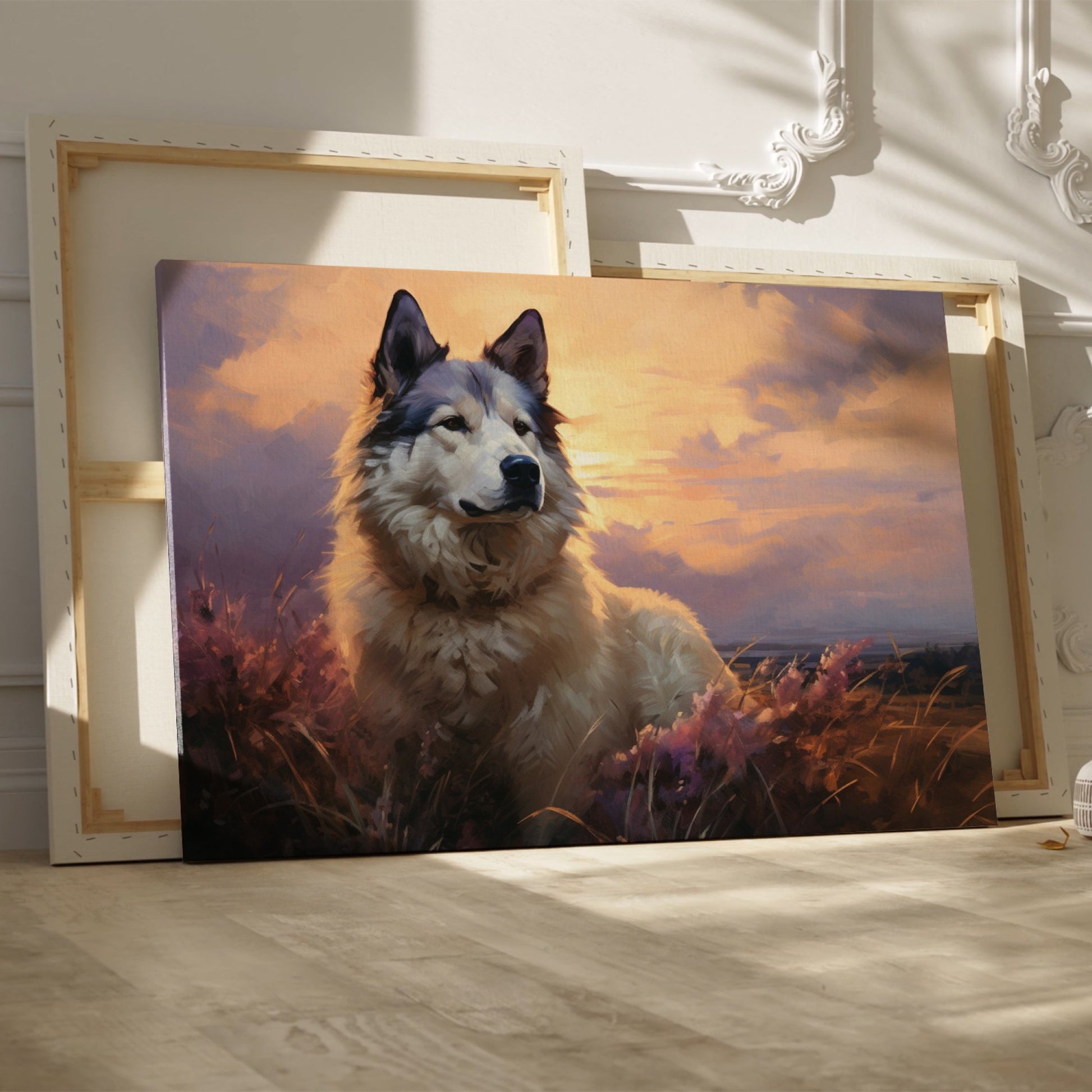 Framed canvas print of a serene dog portrait at sunset with warm amber and lavender tones