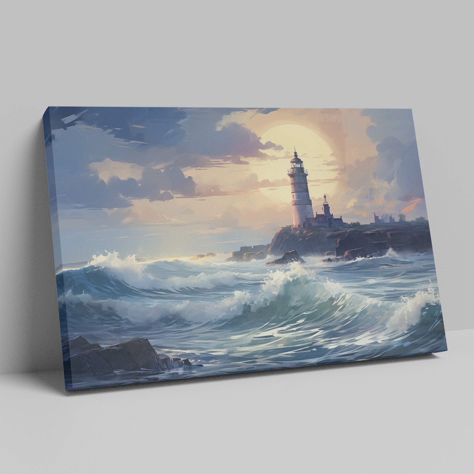 Framed canvas print of a lighthouse by the sea at sunset with crashing waves